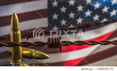 Golden Bullets and Barbed Wire Over United States Flag Concept 3d render. Golden Bullets and Barbed Wire Over United States Flag Concept 3d render. 136048172