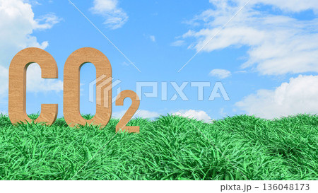 Carbon Dioxide CO2 Emissions Concept in Green Grass Field 3d render. Carbon Dioxide CO2 Emissions Concept in Green Grass Field 3d render. 136048173
