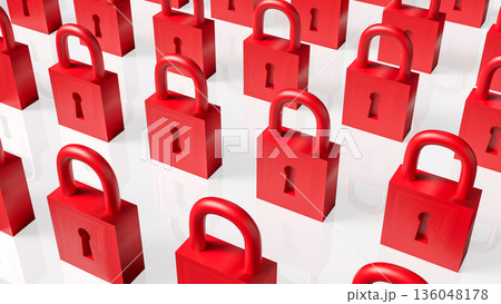 Rows of Red Padlocks Symbolizing Security and Restricted Access Concept 3d render. 136048178