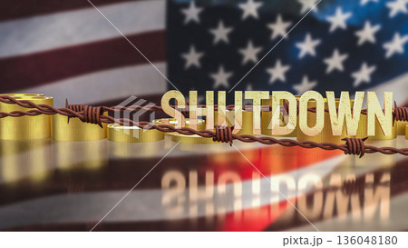 Government Shutdown Concept with Barbed Wire and United States Flag 3d render. Government Shutdown Concept with Barbed Wire and United States Flag 3d render. 136048180