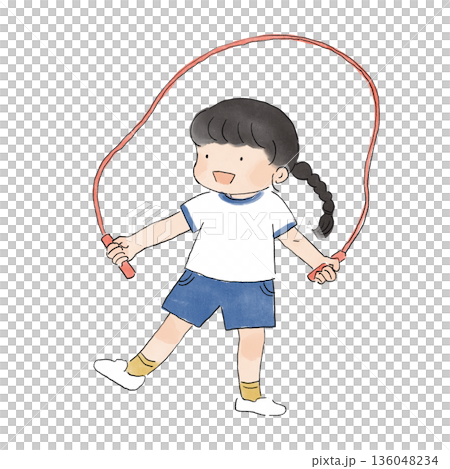 Illustration of a cheerful elementary school student playing with a skipping rope Illustration of a cheerful elementary school student playing with a skipping rope 136048234