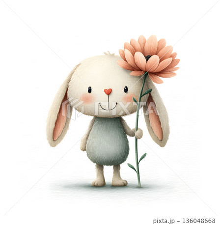 A watercolor illustration of a cute bunny holding a large pink flower and smiling happily.  136048668