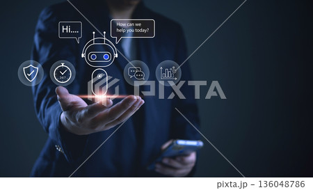 Hand holding hologram bot with speech bubbles for customer service, support ticket, automation, AI assistant, chatbot, messaging, KPI, insights, secure, mobile device, business growth. Hand holding hologram bot with speech bubbles for customer service, support ticket, automation, AI assistant, chatbot, messaging, KPI, insights, secure, mobile device, business growth. 136048786
