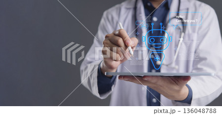 Doctor uses AI chatbot on tablet in clinic for telemedicine diagnosis consultation triage patient support healthcare virtual assistant medical data insight efficiency care innovation 136048788