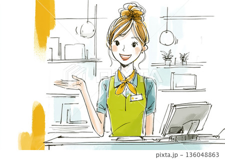 受付カウンターで来客を迎える女性｜案内・接客のイメージ 136048863