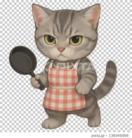 フライパンを持った子猫 料理をするかわいいエプロン姿のイラスト フライパンを持った子猫 料理をするかわいいエプロン姿のイラスト 136048866