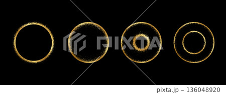 Set of golden rings with noisy texture. Gold round shapes with spray, scattered or mezzotint brush effect borders isolated on black background. Solar eclipse concept. Vector illustration 136048920