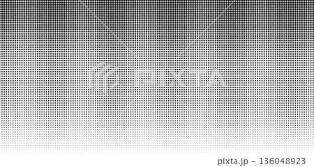 Faded halftone background. Monochrome polka dot pattern. Wallpaper with noise, grain, pixel or bitmap texture. Modern gritty print. Comic page template. Vector graphic illustration 136048923