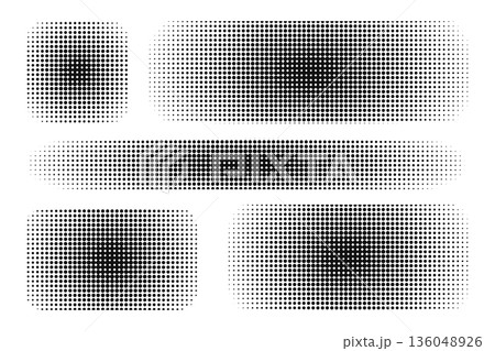 Set of rectangular shadow shapes with dotted halftone effect isolated on white background. Geometric forms with bitmap, gritty, noise or pixel texture. Vector graphic illustration 136048926