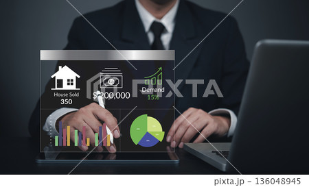 Real estate, property manager uses a stylus on tablet at work to measure housing sales analytics, investment data, mortgage demand, and price performance for realtor planning concept growth metrics. 136048945
