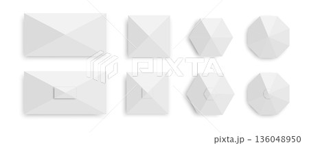 Set of tents in top view. Gazebo umbrellas in rectangular, square, hexagonal, and octagonal shapes. Beach sunshades. Market canopy mockups isolated on white background. Vector realistic illustration 136048950