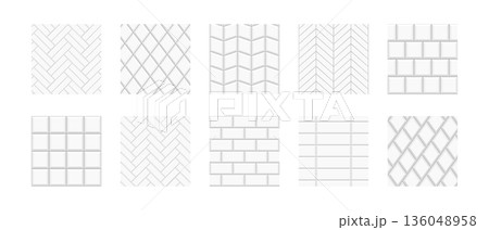 Set of tile metro and herringbone patterns. White ceramic or stone wall textures. Kitchen backsplash or shower floor backgrounds. Interior or exterior surface mosaic decorations. Vector illustration Set of tile metro and herringbone patterns. White ceramic or stone wall textures. Kitchen backsplash or shower floor backgrounds. Interior or exterior surface mosaic decorations. Vector illustration 136048958