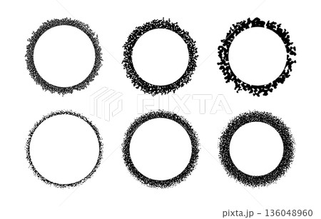 Round frames with charcoal texture. Circular shapes with noise or dirt, sand or dust borders isolated on white background. Decorative design elements with gritty effect. Vector graphic illustration. Round frames with charcoal texture. Circular shapes with noise or dirt, sand or dust borders isolated on white background. Decorative design elements with gritty effect. Vector graphic illustration. 136048960
