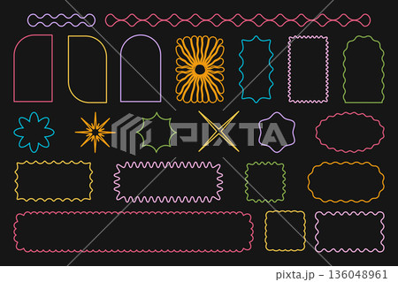 Set of colorful star, sun and arch, rectangle and square, oval and circle icons with scalloped edges. Simple cute forms with curvy borders. Empty tags or labels frames. Vector outline illustration 136048961
