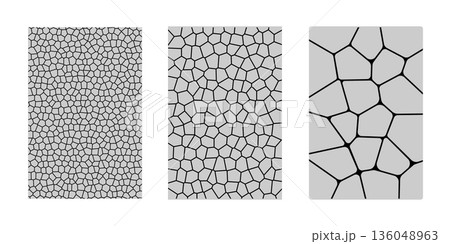 Set of cobblestone patterns. Street pavement or park road textures. Stones or pebbles backgrounds. Floor or wall mosaic tile structures. Ancient building surfaces. Vector flat illustration 136048963