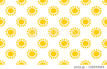 Seamless pattern with cute yellow sun silhouettes. Sunburst, sunlight or sunshine background. Summer theme wallpaper. Positive vibes print for textile or wrapping paper. Vector flat illustration Seamless pattern with cute yellow sun silhouettes. Sunburst, sunlight or sunshine background. Summer theme wallpaper. Positive vibes print for textile or wrapping paper. Vector flat illustration 136048964