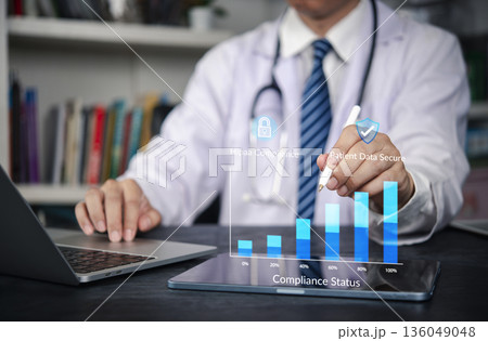 HIPAA, compliance Doctor uses tablet and laptop patient data security and privacy in EHR, charting audit, governance, and encryption progress toward 100%. concept healthcare protection workflow. 136049048