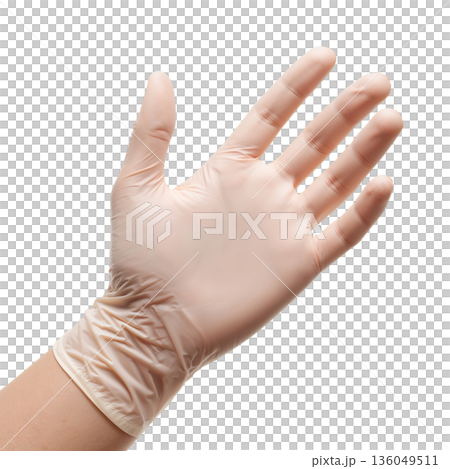 Hand Wearing a Latex Glove on a Plain Background for Safety and Protection in Various Tasks 136049511