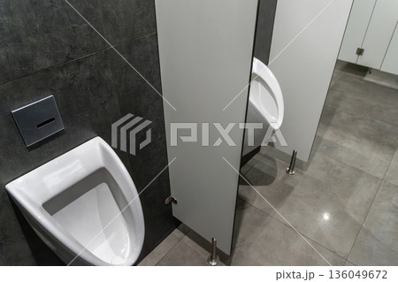Restroom features a contemporary urinal positioned against a stylish wall, with privacy partitions enhancing comfort and cleanliness 136049672