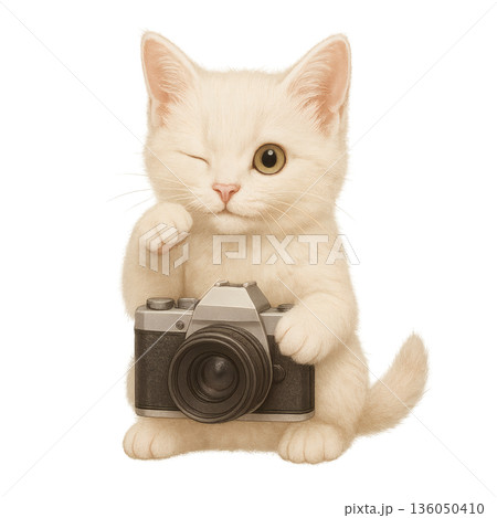 片目を閉じてカメラを持つ子猫　集中した表情がかわいいイラスト 136050410