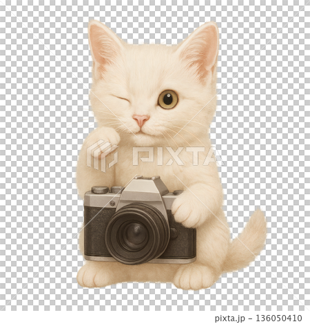 片目を閉じてカメラを持つ子猫　集中した表情がかわいいイラスト 136050410
