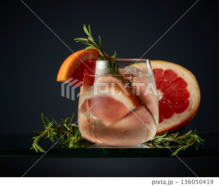 Cocktail gin tonic with ice, grapefruit, and rosemary. 136050419
