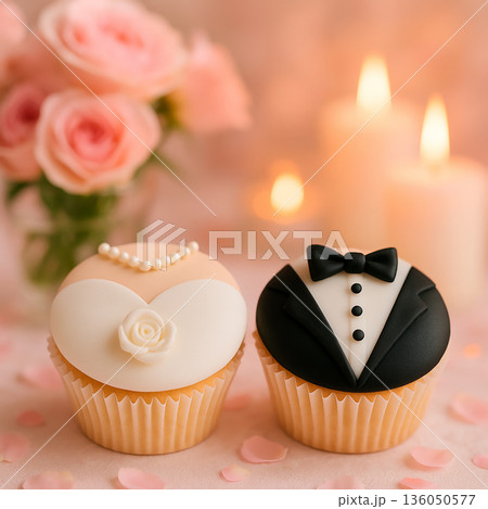 タキシードとドレスのウェディングカップケーキ タキシードとドレスのウェディングカップケーキ 136050577