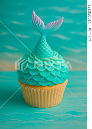 マーメイドの尾びれをあしらった青いカップケーキ 136050578