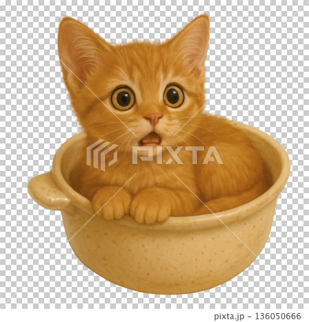 A cute illustration of a brown tabby kitten looking up from inside a clay pot with a puzzled expression A cute illustration of a brown tabby kitten looking up from inside a clay pot with a puzzled expression 136050666