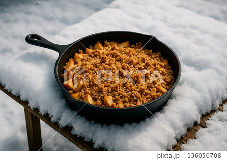 雪原のテーブルで楽しむ熱々のアップルクランブル 136050708