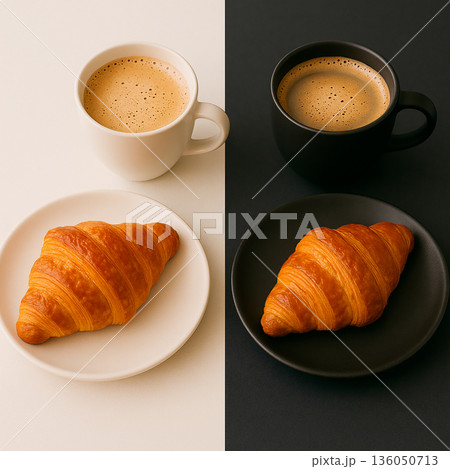 白と黒の背景に並ぶクロワッサンとコーヒーの対比 白と黒の背景に並ぶクロワッサンとコーヒーの対比 136050713