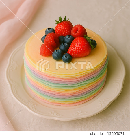 ベリーを添えたカラフルなレインボーミルクレープ ベリーを添えたカラフルなレインボーミルクレープ 136050714