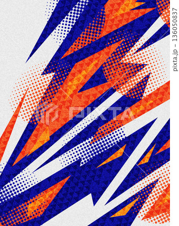 Energetic Sport Event Poster Background Design with Sharp Orange and Blue Shapes, Halftone Dots, and Textured Effects 136050837