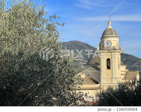 View of town in Italy, from mountain. Nature, traditional buildings of Liguria. Architecture, church. 136050984