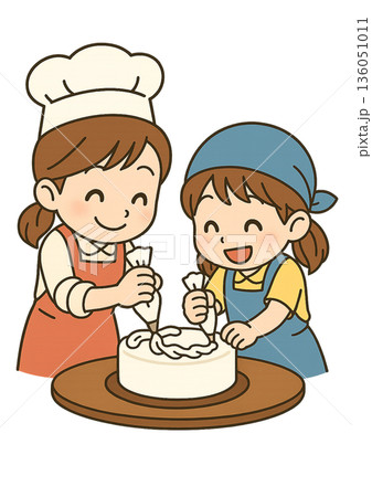 女性パティシエとにっこり笑顔でケーキのデコレーションをしている三角巾とエプロンを付けた女の子 女性パティシエとにっこり笑顔でケーキのデコレーションをしている三角巾とエプロンを付けた女の子 136051011