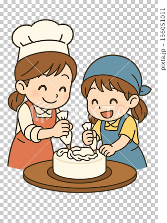 女性パティシエとにっこり笑顔でケーキのデコレーションをしている三角巾とエプロンを付けた女の子 女性パティシエとにっこり笑顔でケーキのデコレーションをしている三角巾とエプロンを付けた女の子 136051011