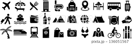 ベクターでモノクロの観光に関するアイコンセット 136051567