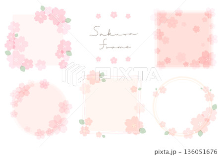 桜のフレーム素材。可愛い春の花のベクターイラスト。ピンク色で可愛いブーケのテンプレート。 136051676