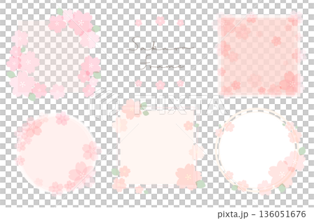 桜のフレーム素材。可愛い春の花のベクターイラスト。ピンク色で可愛いブーケのテンプレート。 136051676