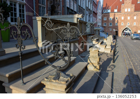 Ornate metal railing along historic city street Ornate metal railing along historic city street 136052253