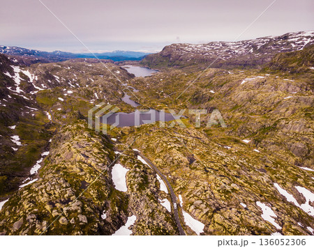 Aerial view. Road and lakes in mountains Norway Aerial view. Road and lakes in mountains Norway 136052306