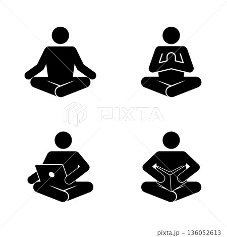 Sitting cross legged activities icon set, flat vector illustration. 136052613