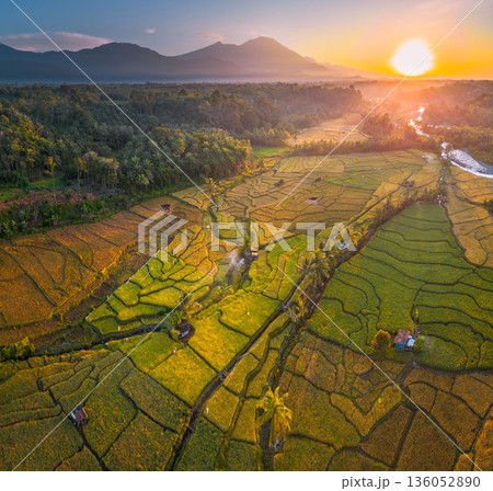 Beautiful morning view in Indonesia, panoramic landscape of rice fields with mountain ranges and clear sky Beautiful morning view in Indonesia, panoramic landscape of rice fields with mountain ranges and clear sky 136052890