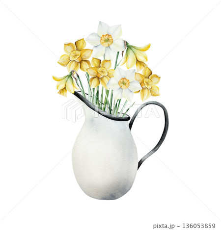 Porcelain jug with daffodils flowers. Watercolor ceramic pitcher with Narcissus, easter illustration isolated on background, transparent png. Vintage clip art. For greeting card, wallpaper, wrapping Porcelain jug with daffodils flowers. Watercolor ceramic pitcher with Narcissus, easter illustration isolated on background, transparent png. Vintage clip art. For greeting card, wallpaper, wrapping 136053859