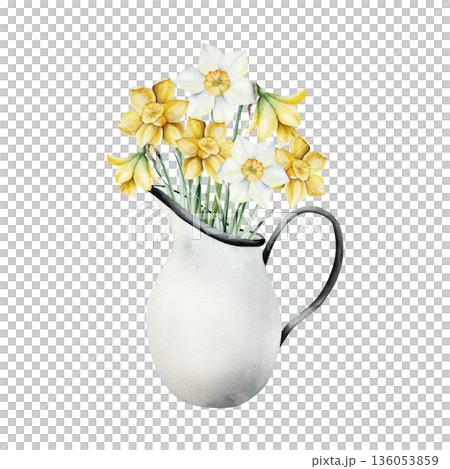 Porcelain jug with daffodils flowers. Watercolor ceramic pitcher with Narcissus, easter illustration isolated on background, transparent png. Vintage clip art. For greeting card, wallpaper, wrapping Porcelain jug with daffodils flowers. Watercolor ceramic pitcher with Narcissus, easter illustration isolated on background, transparent png. Vintage clip art. For greeting card, wallpaper, wrapping 136053859