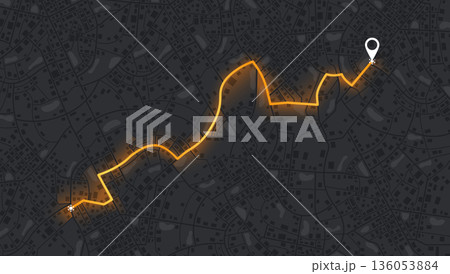 Dark themed urban street plan showing glowing orange navigation route and white destination pin for mobile tracking interfaces. Vector illustration. 136053884