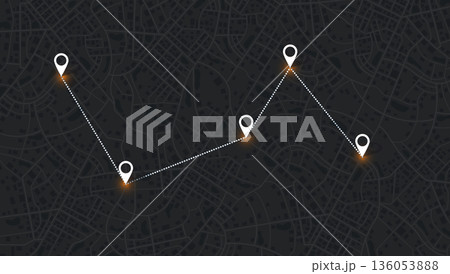 Dark city map background with dotted route line connecting white location pins for logistics tracking. Vector illustration 136053888