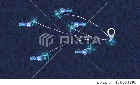 Taxi booking app interface showing nearby cars and estimated arrival time on dark city map. Vector illustration. Taxi booking app interface showing nearby cars and estimated arrival time on dark city map. Vector illustration. 136053899