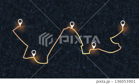 GPS navigator screen with street roads and location, destination points City top view. Online navigation. Flat style, Vector, illustration isolated. Urban highway plan, final destination GPS navigator screen with street roads and location, destination points City top view. Online navigation. Flat style, Vector, illustration isolated. Urban highway plan, final destination 136053901