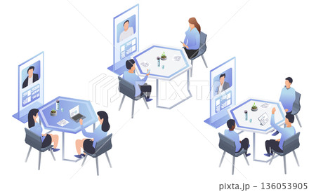 Isometric hybrid business meetings with teams sitting at tables using vertical video screens for remote conference calls. Vector illustration. 136053905